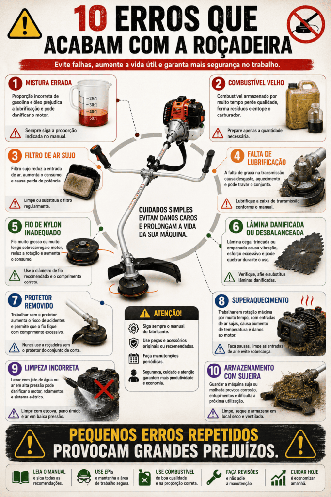 Infográfico com dez erros que reduzem a vida útil da roçadeira, incluindo mistura incorreta, combustível velho, filtro sujo, falta de lubrificação e acessórios inadequados.