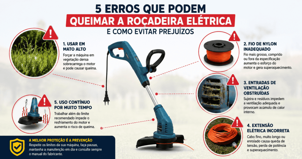 Infográfico com roçadeira elétrica ao centro e cinco erros que podem causar superaquecimento, perda de desempenho e danos ao motor.