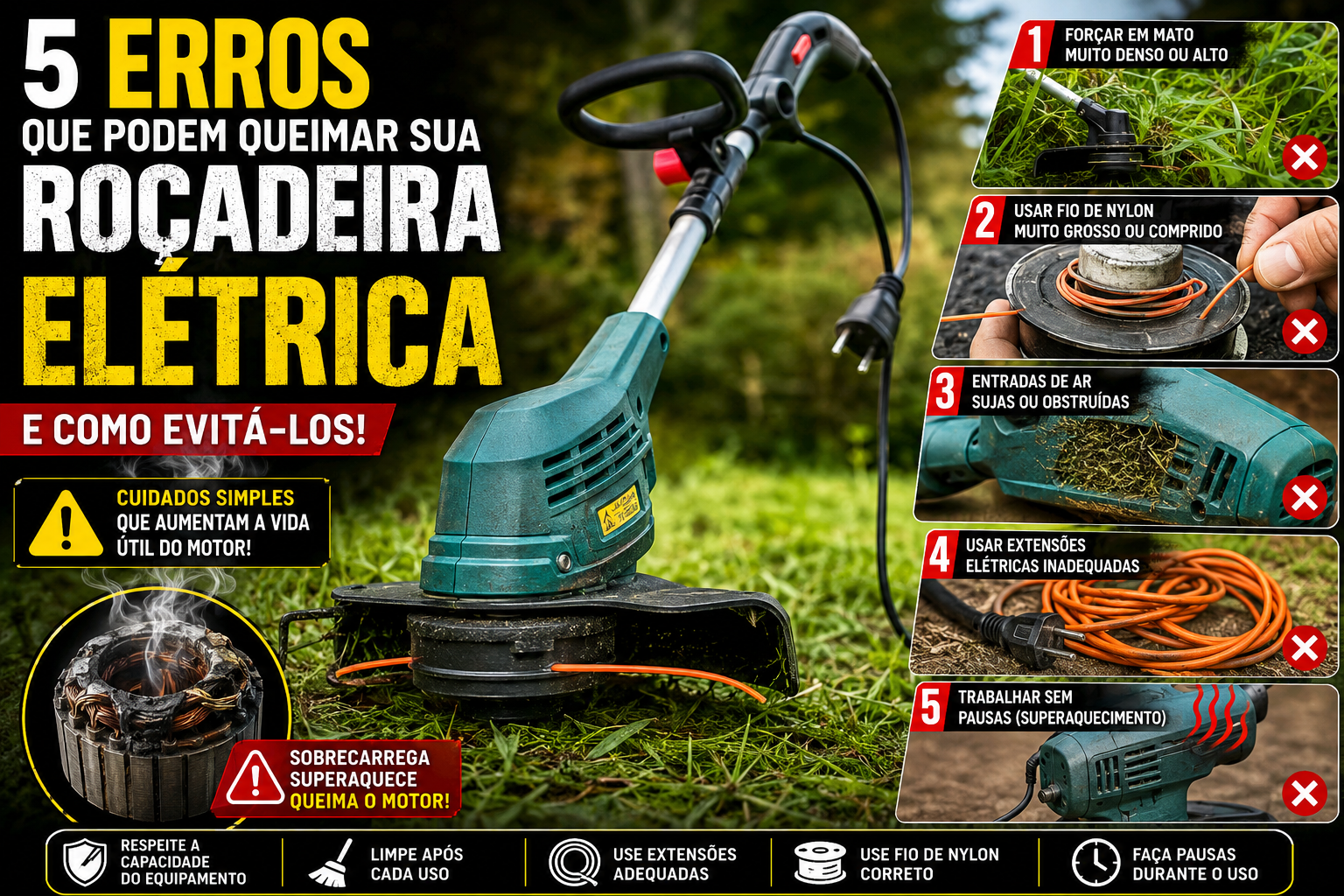 5 erros que queimam a roçadeira elétrica (e como evitar prejuízos)