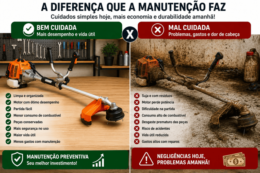 Infográfico comparando uma roçadeira a gasolina bem cuidada e outra com manutenção negligenciada, destacando os impactos da limpeza, inspeção e manutenção preventiva no desempenho e na durabilidade do equipamento.