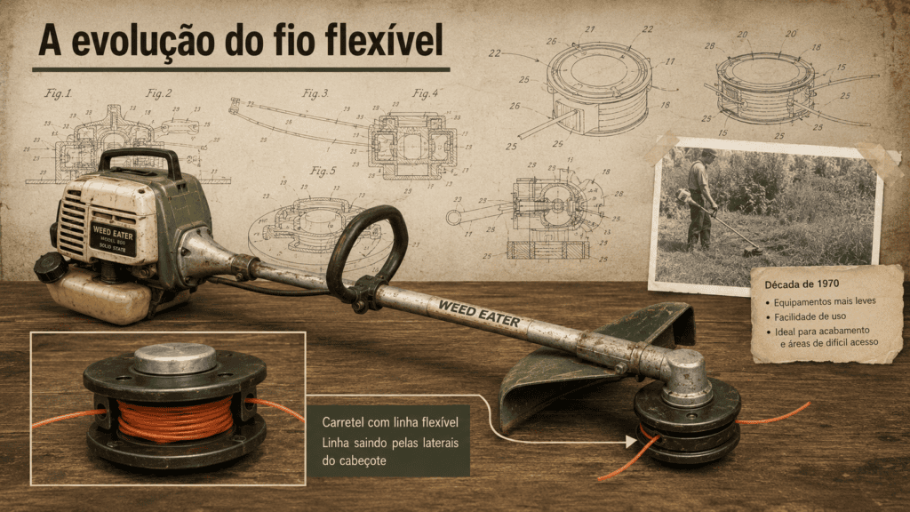 Antigo aparador da década de 1970 com carretel de linha flexível e desenhos técnicos de cabeçotes rotativos ao fundo.
