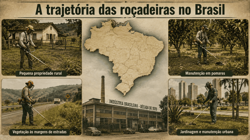 Mapa do Brasil cercado por cenas de uso de roçadeiras em propriedade rural, pomar, margem de estrada e área urbana.