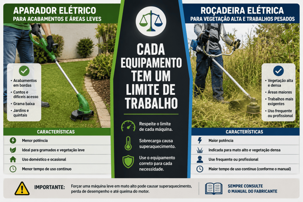 Infográfico comparando aparador elétrico em grama baixa com roçadeira elétrica trabalhando em vegetação alta e densa.