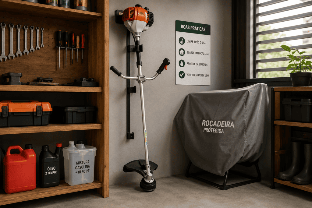 Roçadeira a gasolina limpa e armazenada corretamente em uma garagem organizada, seca e ventilada, protegida por uma capa respirável para preservar sua vida útil.