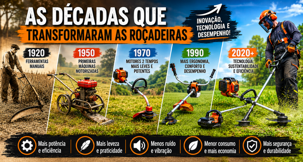Linha do tempo mostrando a evolução das roçadeiras ao longo das décadas, desde os primeiros modelos até as versões modernas.