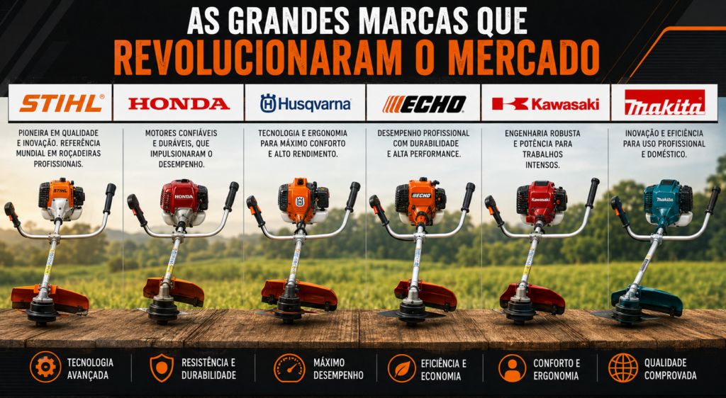 Imagem mostrando diversas marcas famosas de roçadeiras que marcaram a evolução do mercado com tecnologia e inovação.