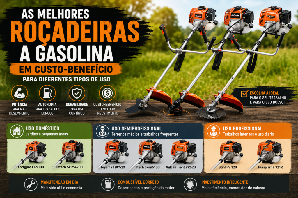 Homem utilizando uma roçadeira a gasolina em área verde com vegetação alta durante manutenção de terreno.