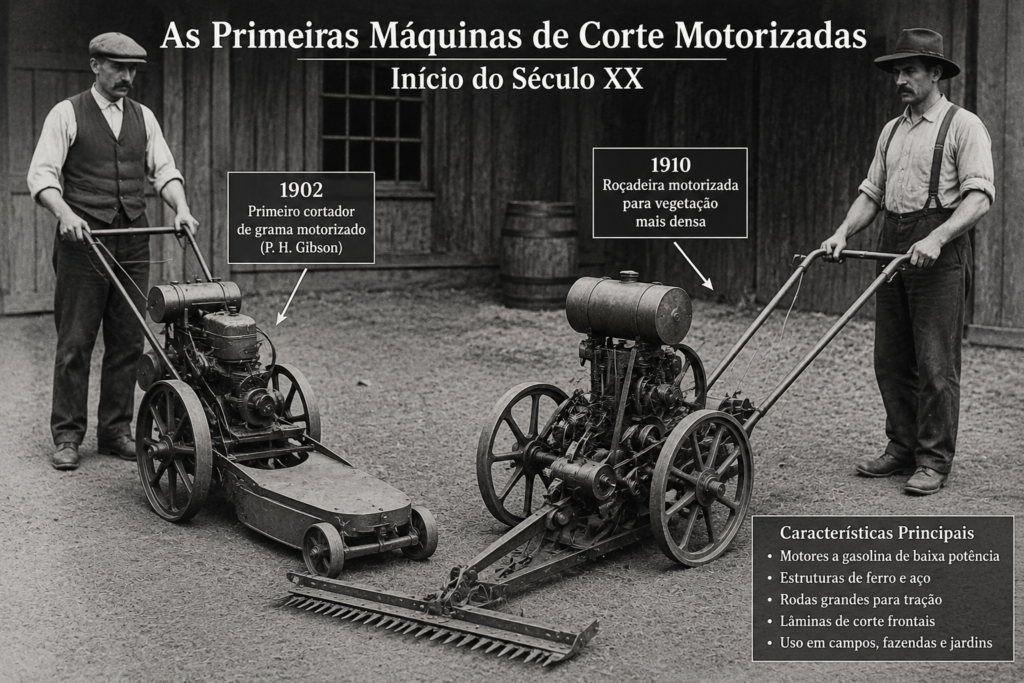 Antigas máquinas de corte motorizadas sendo utilizadas em área rural no início da mecanização agrícola.