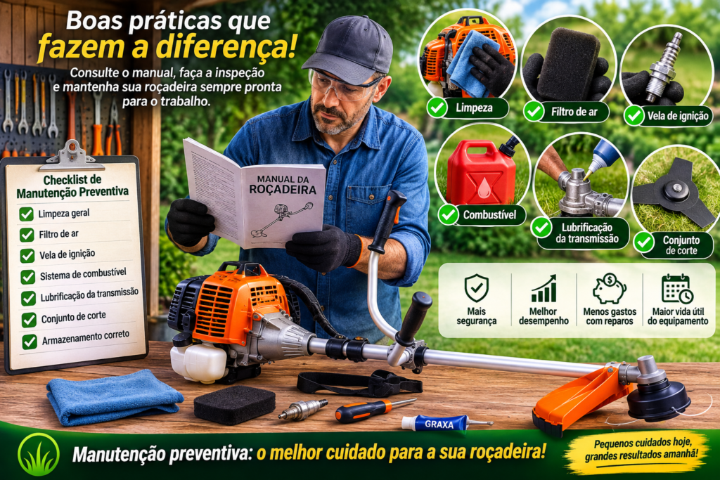 Proprietário consultando o manual da roçadeira enquanto realiza uma inspeção preventiva, com ícones destacando limpeza, filtro de ar, vela de ignição, combustível, lubrificação da transmissão e conjunto de corte.