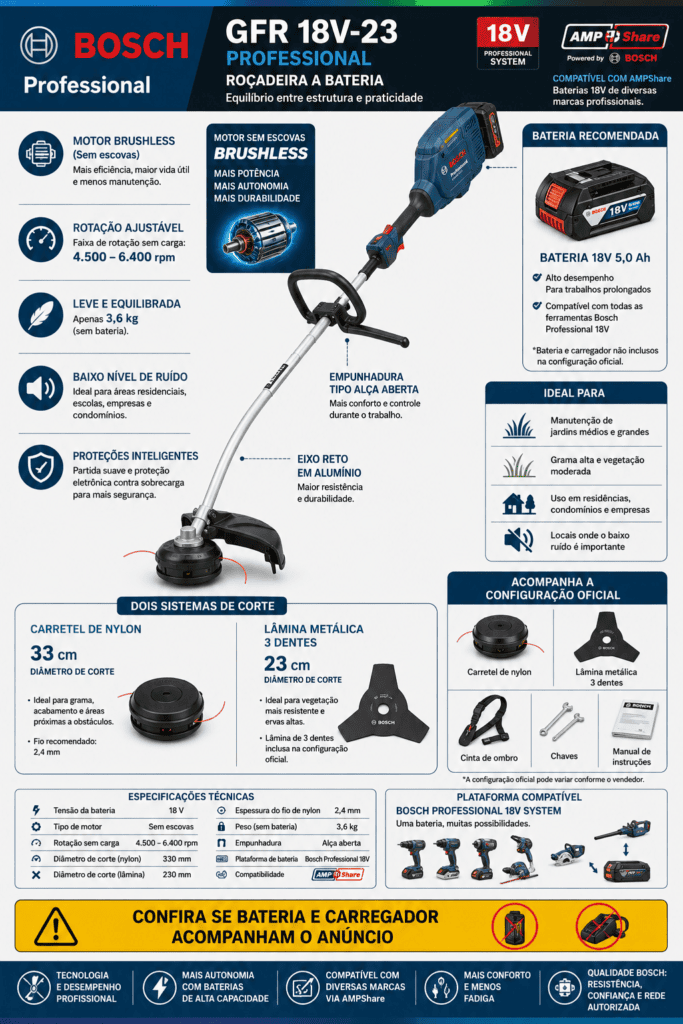 Infográfico da roçadeira a bateria Bosch GFR 18V-23 Professional com motor brushless, bateria 18 V, carretel de nylon de 33 cm, lâmina metálica de três dentes de 23 cm e compatibilidade AMPShar