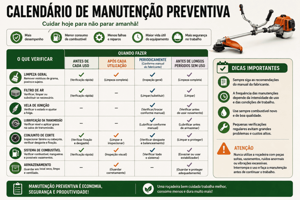 Infográfico em formato de calendário mostrando o cronograma de manutenção preventiva de uma roçadeira a gasolina, com orientações sobre limpeza, filtro de ar, vela de ignição, lubrificação da transmissão, inspeção do conjunto de corte e armazenamento.