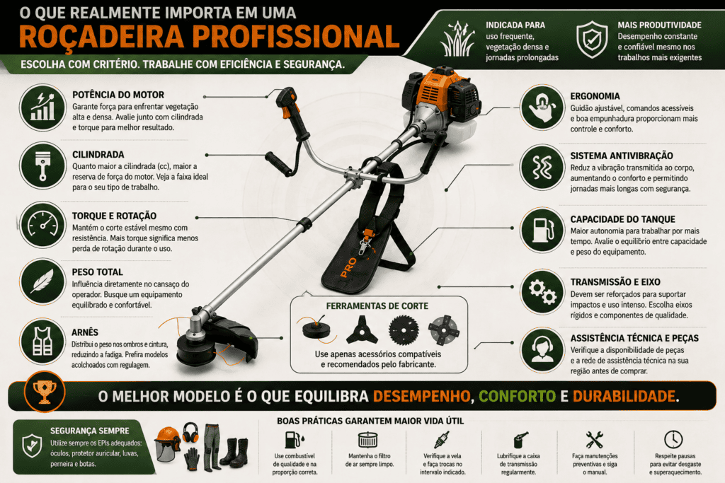 Infográfico técnico com uma roçadeira profissional e indicadores sobre potência, cilindrada, torque, peso, ergonomia, sistema antivibração, tanque, transmissão, arnês e assistência técnica.