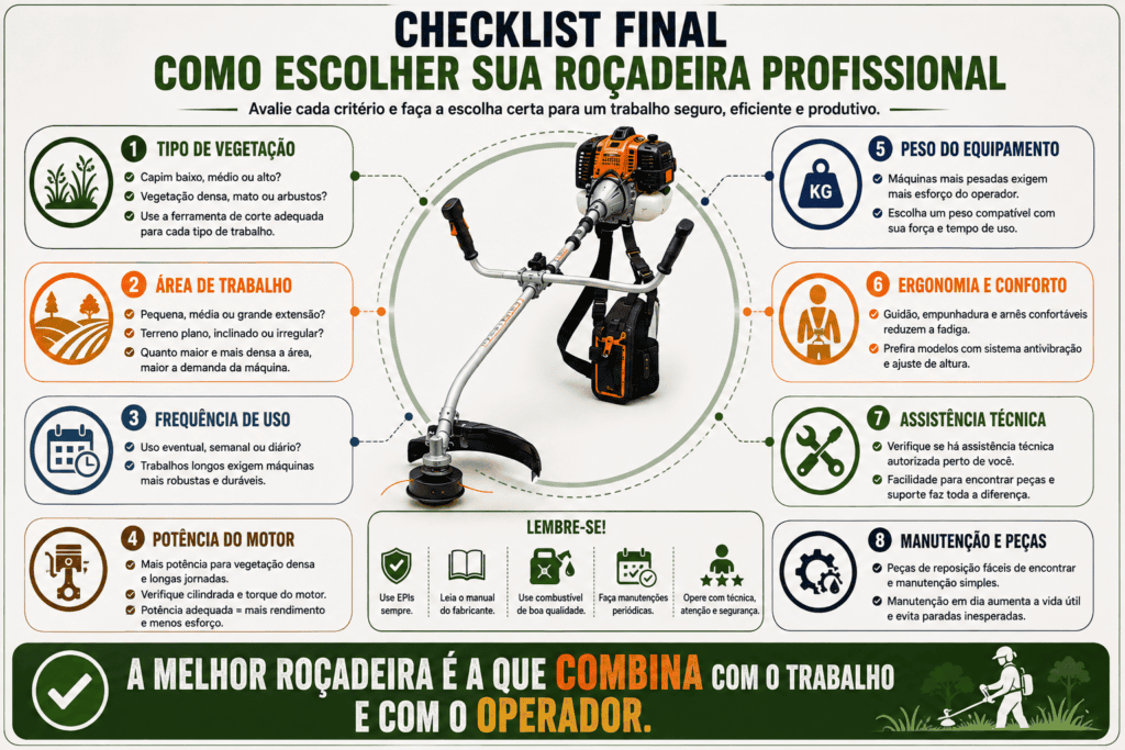 Infográfico com uma roçadeira profissional ao centro e critérios de escolha como vegetação, área, frequência de uso, potência, peso, ergonomia, assistência e manutenção.