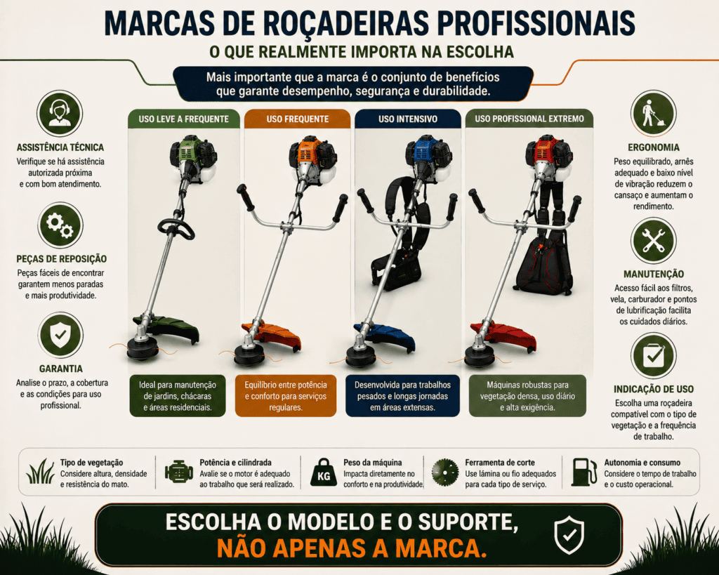 Infográfico com quatro roçadeiras profissionais de diferentes perfis de uso e critérios como assistência técnica, peças, garantia, ergonomia, manutenção e indicação de uso.