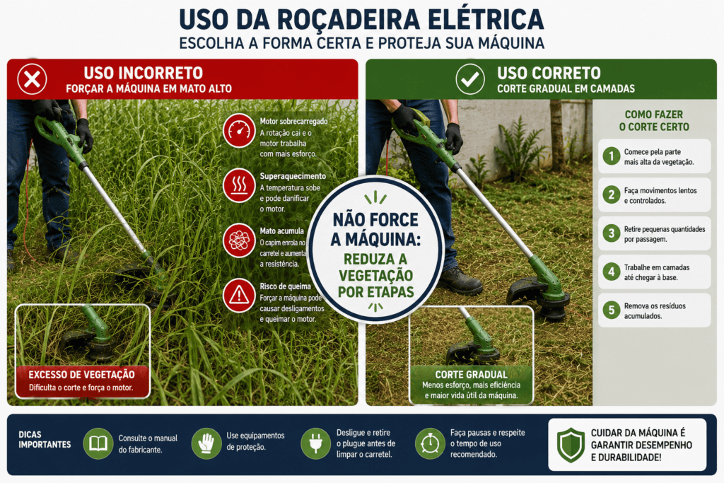 Infográfico comparando o uso incorreto da roçadeira elétrica em mato alto com o corte correto realizado gradualmente em camadas.