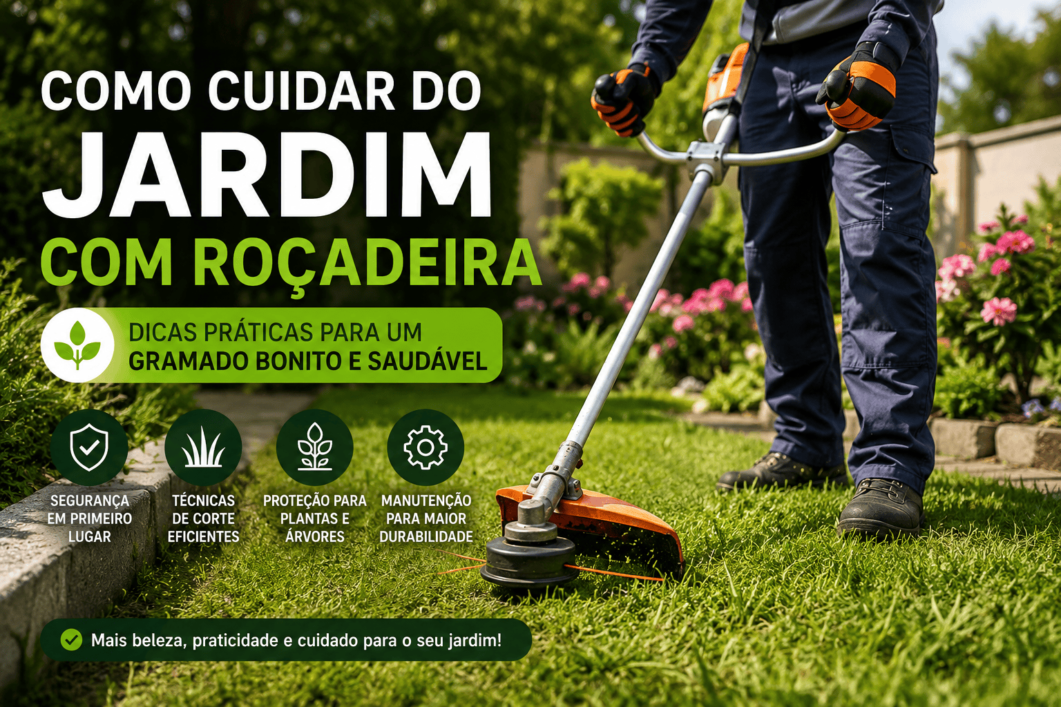 Pessoa utilizando uma roçadeira para cortar a grama e fazer o acabamento de um jardim residencial bem cuidado, ilustrando técnicas de manutenção, segurança e conservação do gramado.