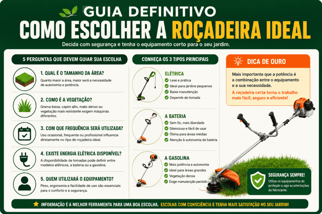 Infográfico mostrando como escolher a roçadeira ideal para o jardim, comparando modelos elétricos, a bateria e a gasolina, com dicas para analisar o terreno, a vegetação, a potência e a melhor opção para cada necessidade.