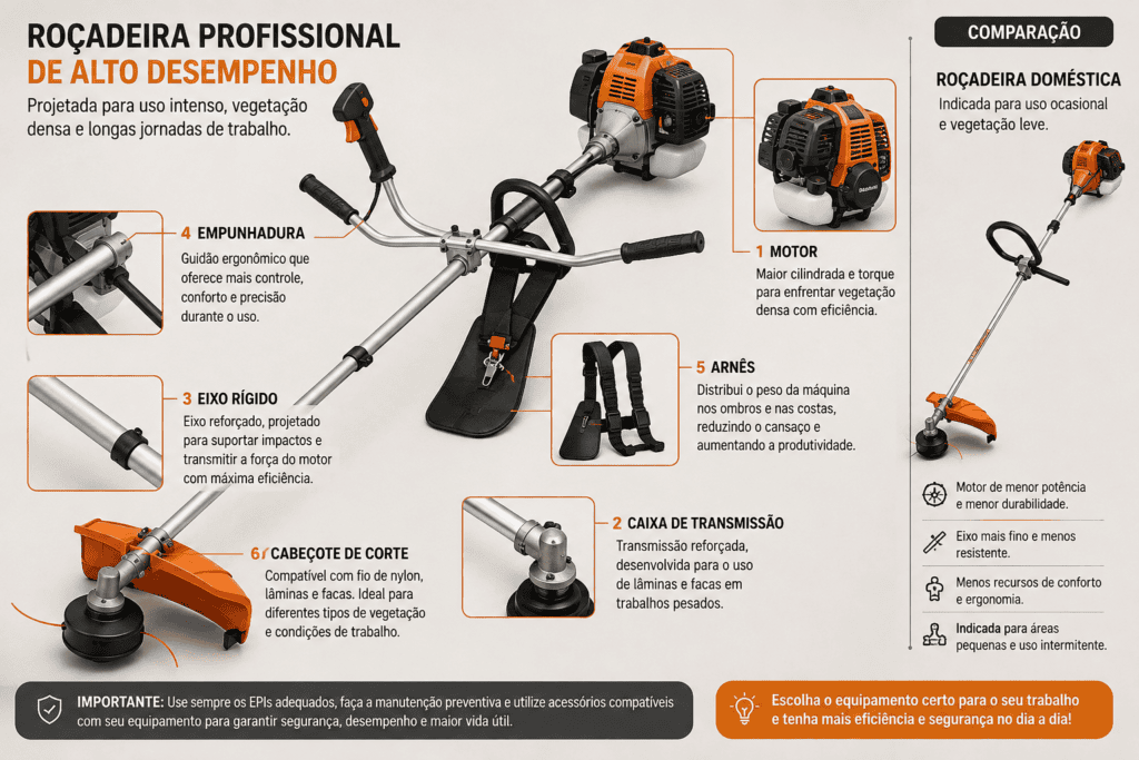 Infográfico comparando uma roçadeira profissional a gasolina com uma roçadeira doméstica, destacando motor, eixo rígido, caixa de transmissão, empunhadura, arnês e cabeçote de corte.