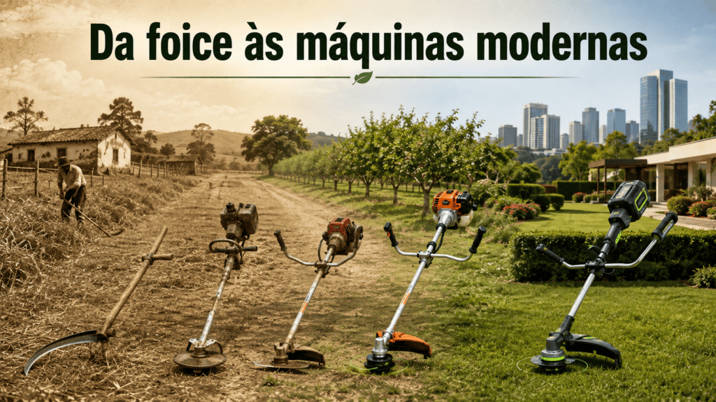 Foice manual e diferentes gerações de roçadeiras, desde modelos antigos a gasolina até uma máquina moderna a bateria.