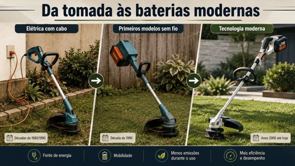 Linha evolutiva com aparador elétrico com cabo, antigo modelo sem fio com bateria volumosa e roçadeira moderna com bateria de íons de lítio.