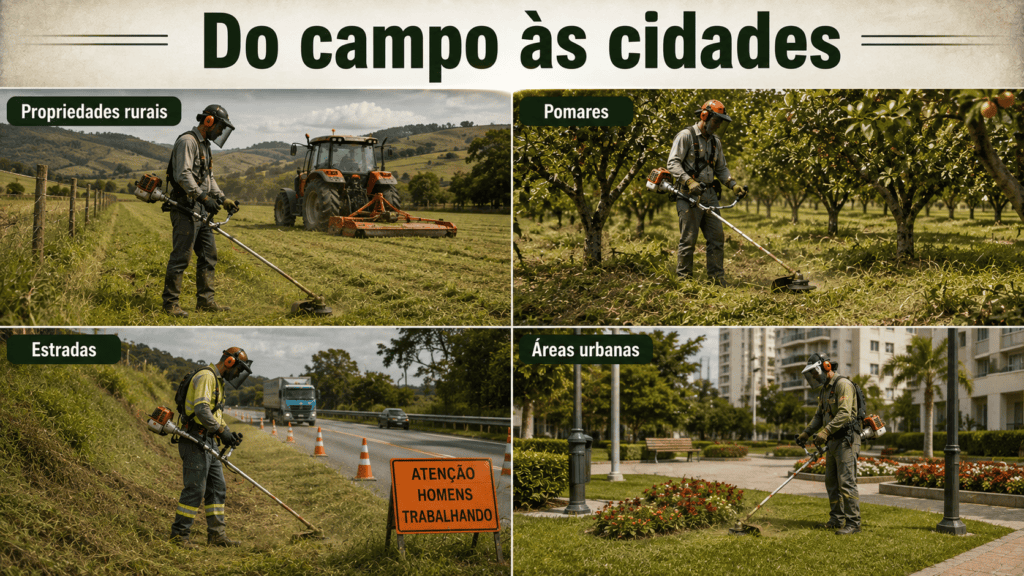 Trabalhadores usando roçadeiras em propriedade rural, pomar, margem de estrada sinalizada e área urbana.