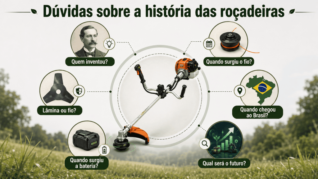 Infográfico com roçadeira ao centro e perguntas sobre inventor, fio flexível, lâmina, chegada ao Brasil, bateria e futuro da tecnologia.