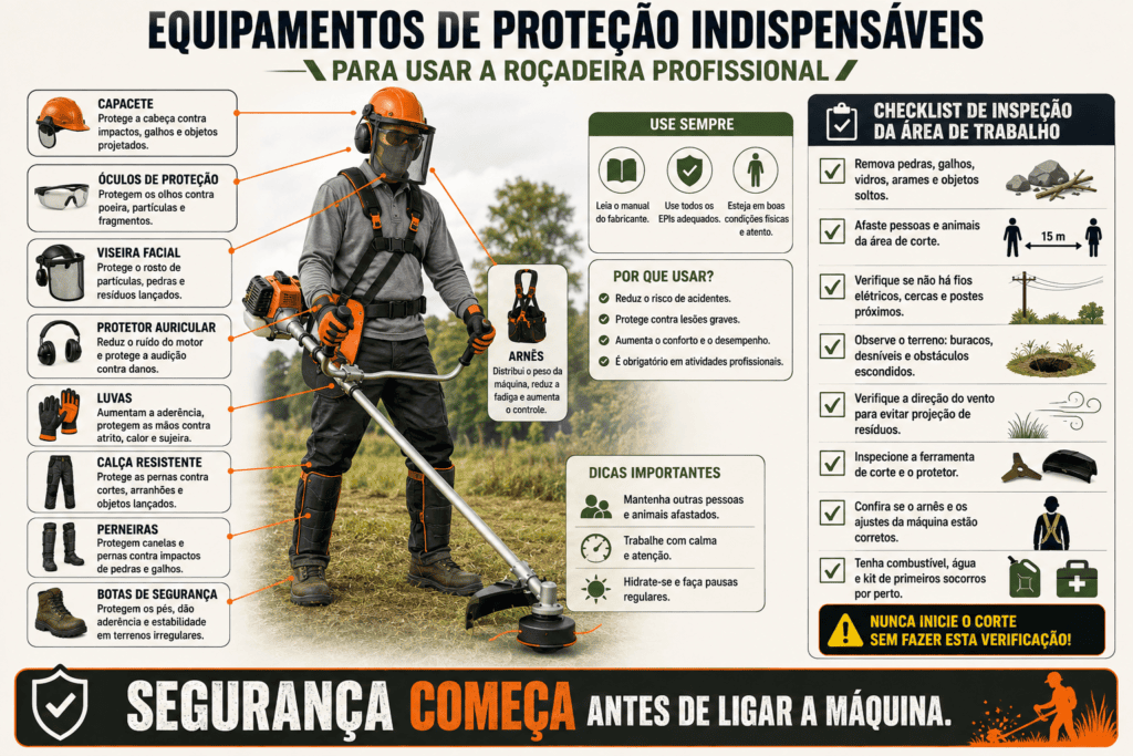 Operador utilizando roçadeira profissional com capacete, viseira, óculos, protetor auricular, luvas, calça resistente, perneiras, botas e arnês.