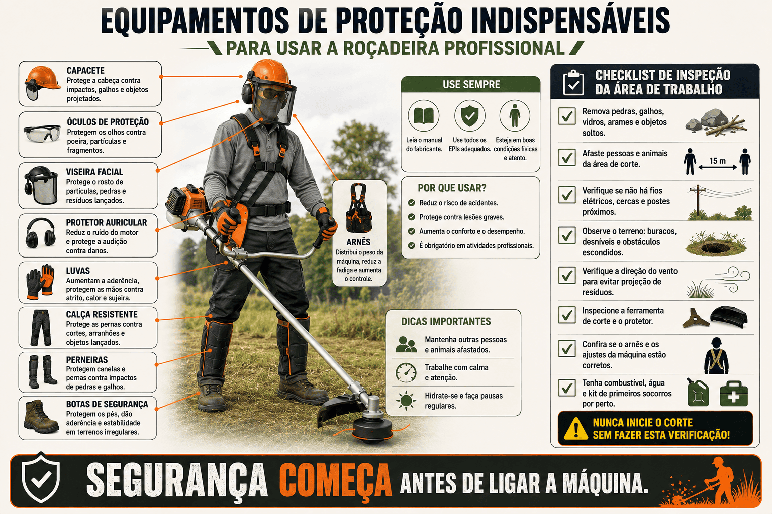 Operador utilizando roçadeira profissional com capacete, viseira, óculos, protetor auricular, luvas, calça resistente, perneiras, botas e arnês.