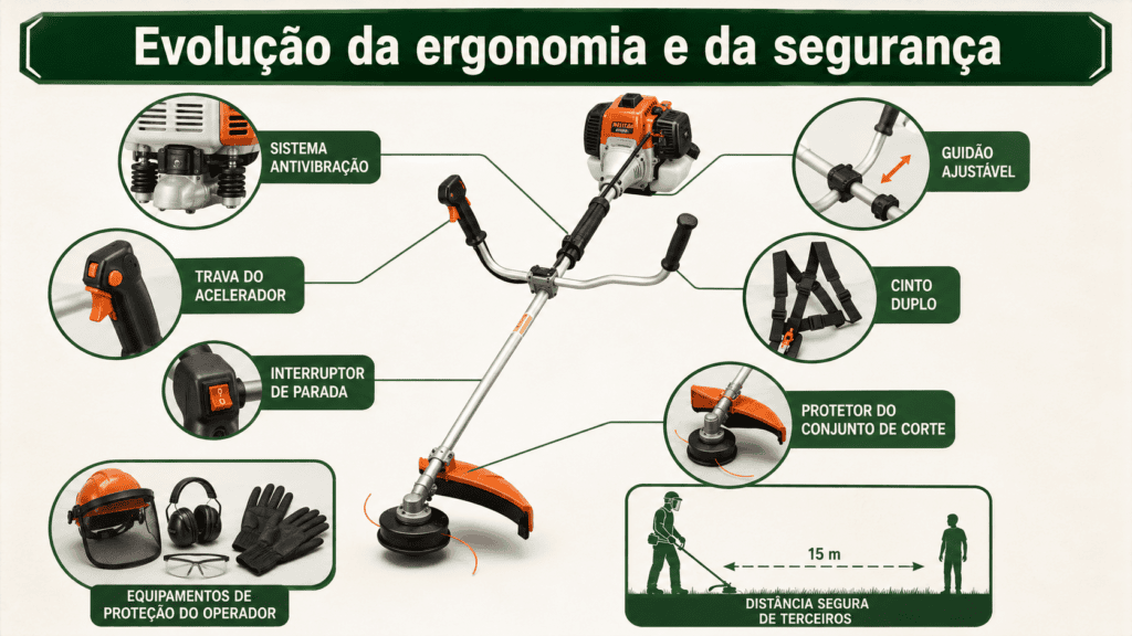 Infográfico de uma roçadeira com sistema antivibração, trava do acelerador, interruptor de parada, guidão ajustável, cinto duplo, protetor e equipamentos de proteção.