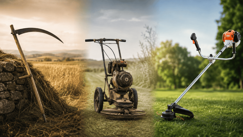 Foice manual, antiga máquina motorizada de corte e roçadeira moderna representando a evolução das ferramentas de roçada.