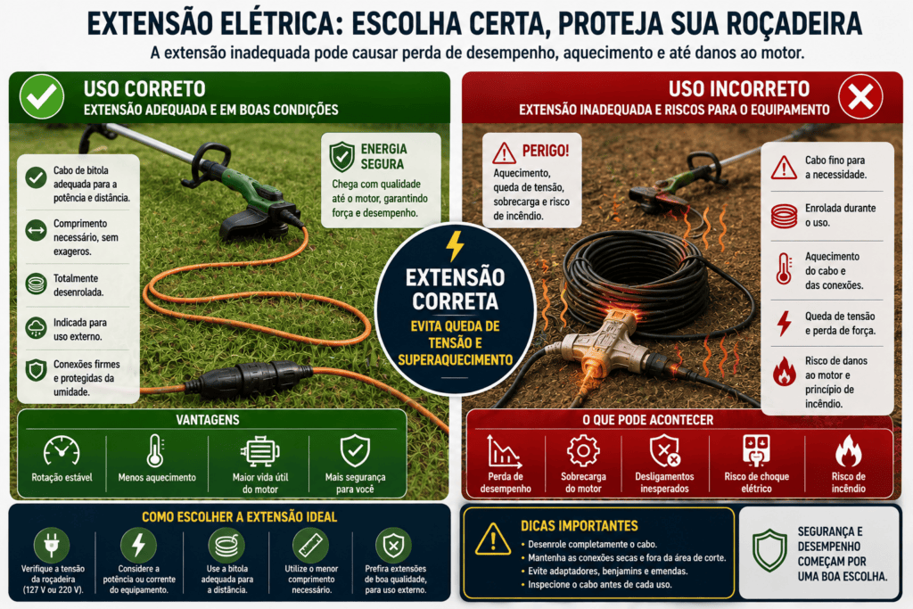 Infográfico comparando uma extensão elétrica adequada e totalmente desenrolada com um cabo fino, enrolado e ligado por adaptadores.