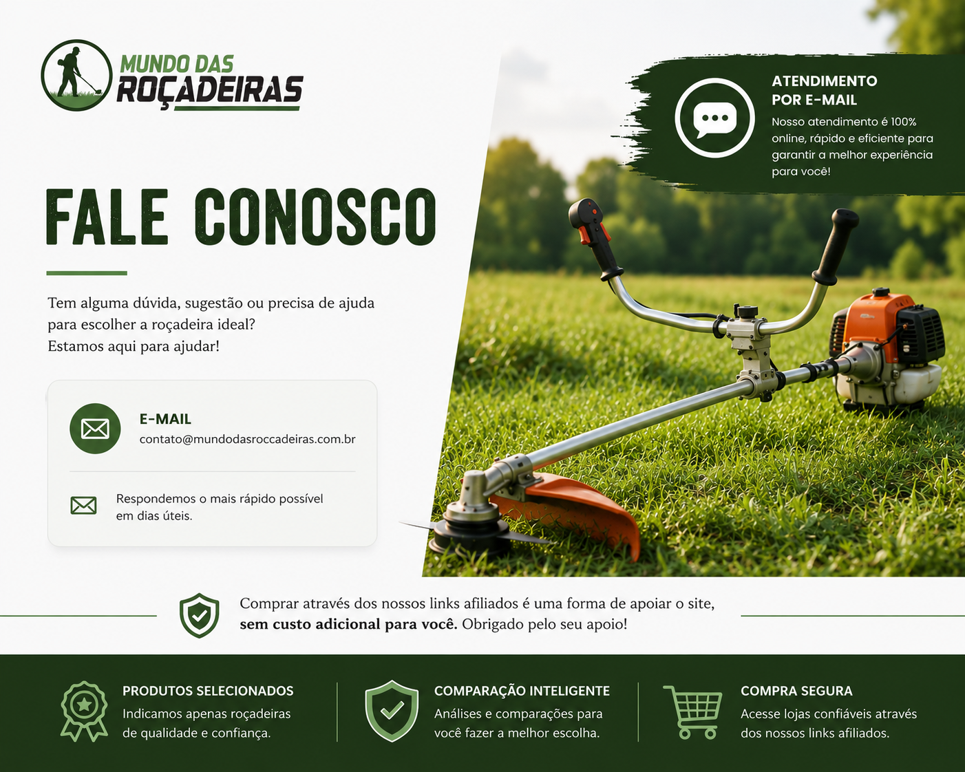 Página de contato do site Mundo das Roçadeiras com atendimento online por e-mail e imagem de uma roçadeira em área gramada.