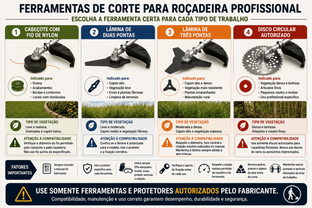 Infográfico comparando cabeçote com fio de nylon, lâmina de duas pontas, lâmina de três pontas e disco circular autorizado para diferentes tipos de vegetação.