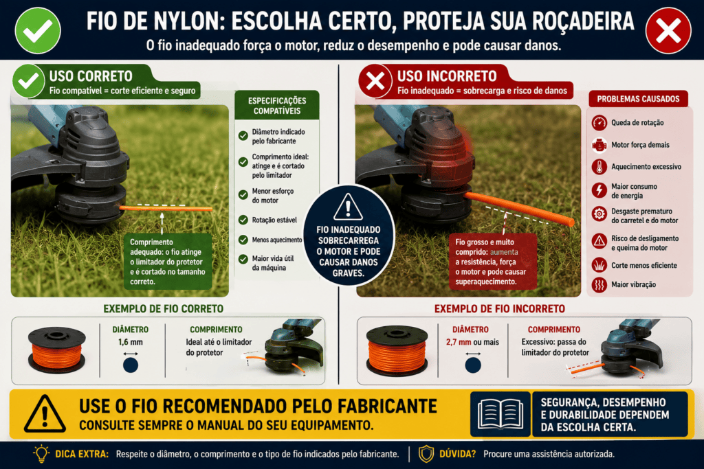 Infográfico comparando fio de nylon adequado com fio grosso e comprido demais, mostrando os riscos de sobrecarga e superaquecimento da roçadeira elétrica.