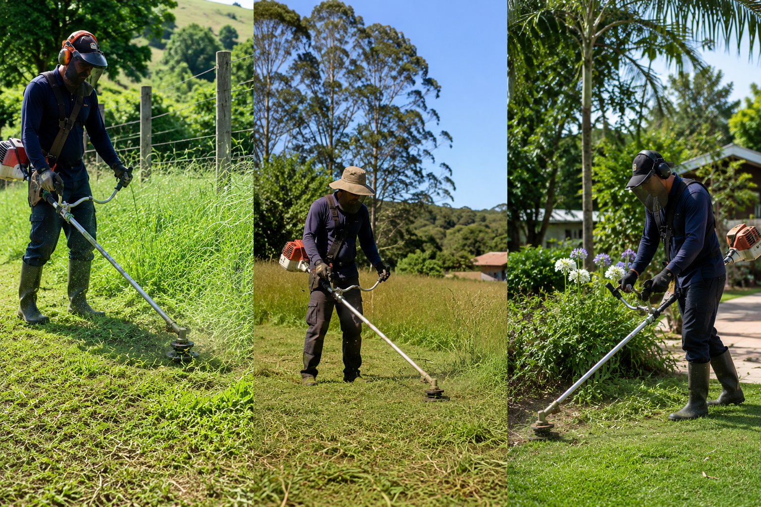 Galeria com imagens de roçadeiras manuais sendo utilizadas em jardins, terrenos e áreas rurais por operadores equipados com proteção.
