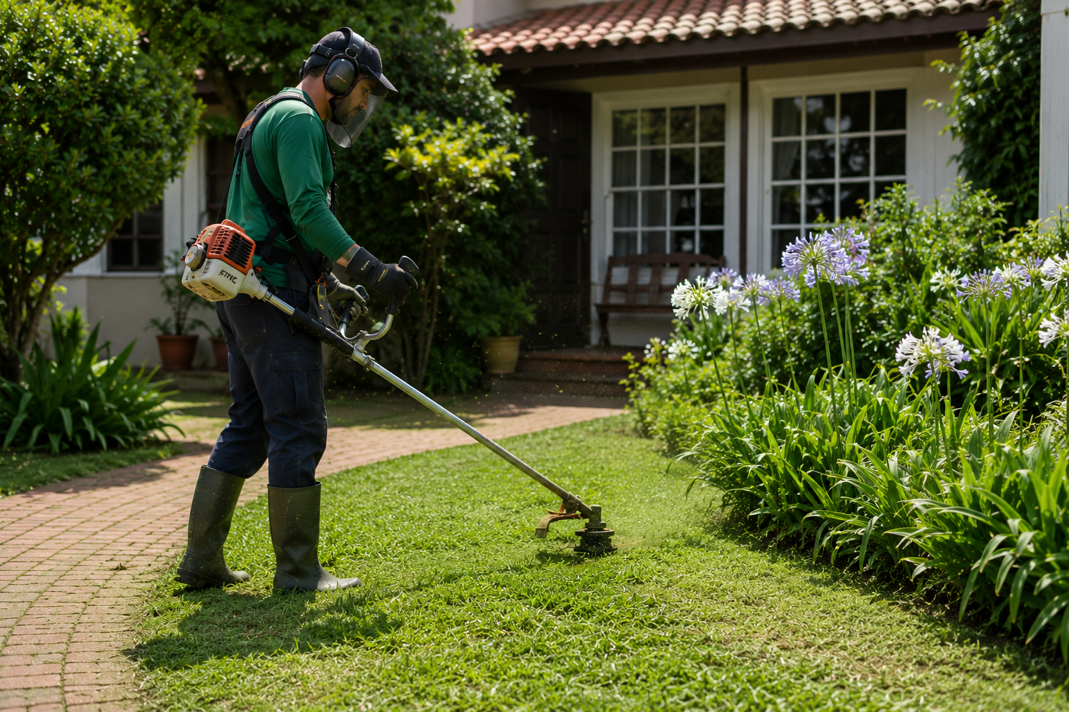 Galeria com imagens de roçadeiras manuais sendo utilizadas em jardins, terrenos e áreas rurais por operadores equipados com proteção.