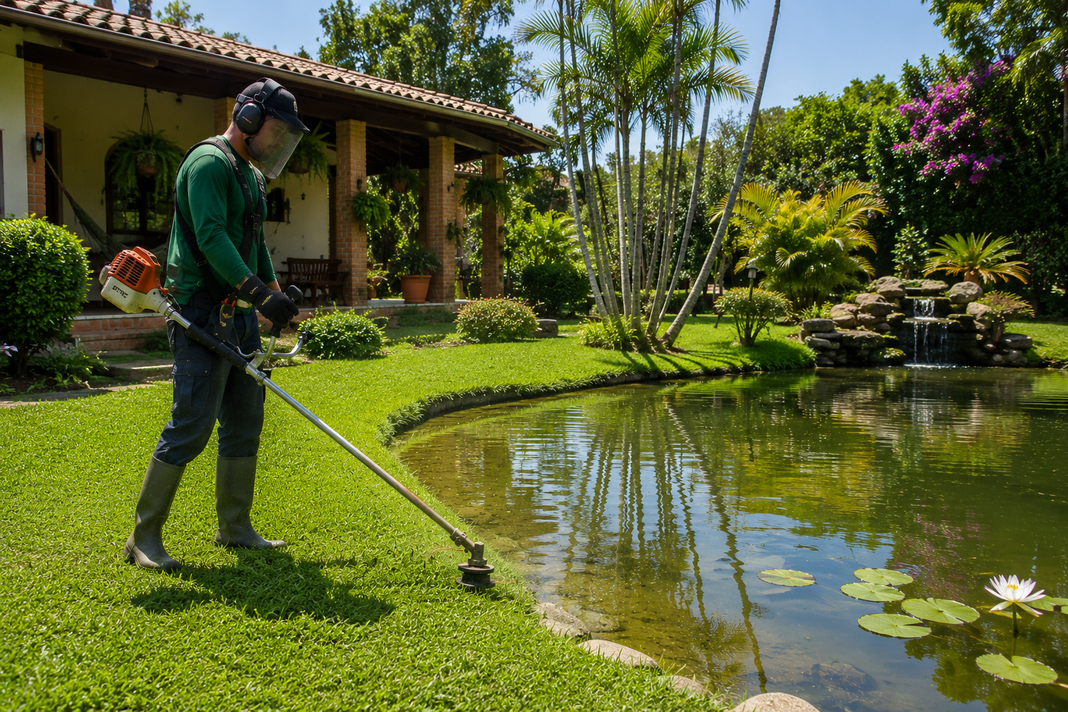 Galeria com imagens de roçadeiras manuais sendo utilizadas em jardins, terrenos e áreas rurais por operadores equipados com proteção.