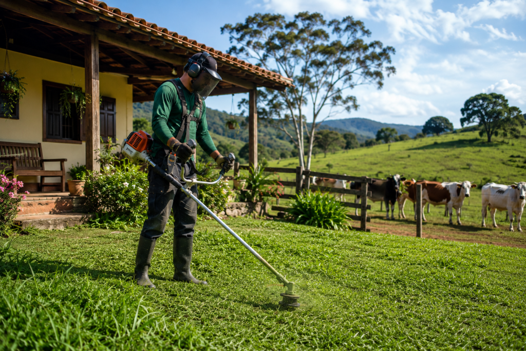 Galeria com imagens de roçadeiras manuais sendo utilizadas em jardins, terrenos e áreas rurais por operadores equipados com proteção.