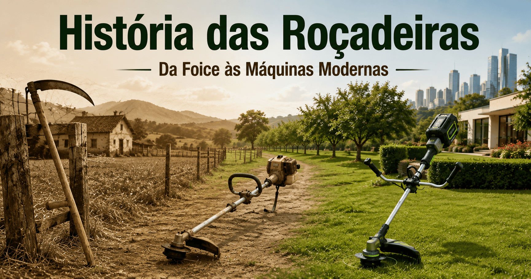 Foice antiga, roçadeira portátil a gasolina e roçadeira moderna a bateria representando a evolução das ferramentas de roçada.