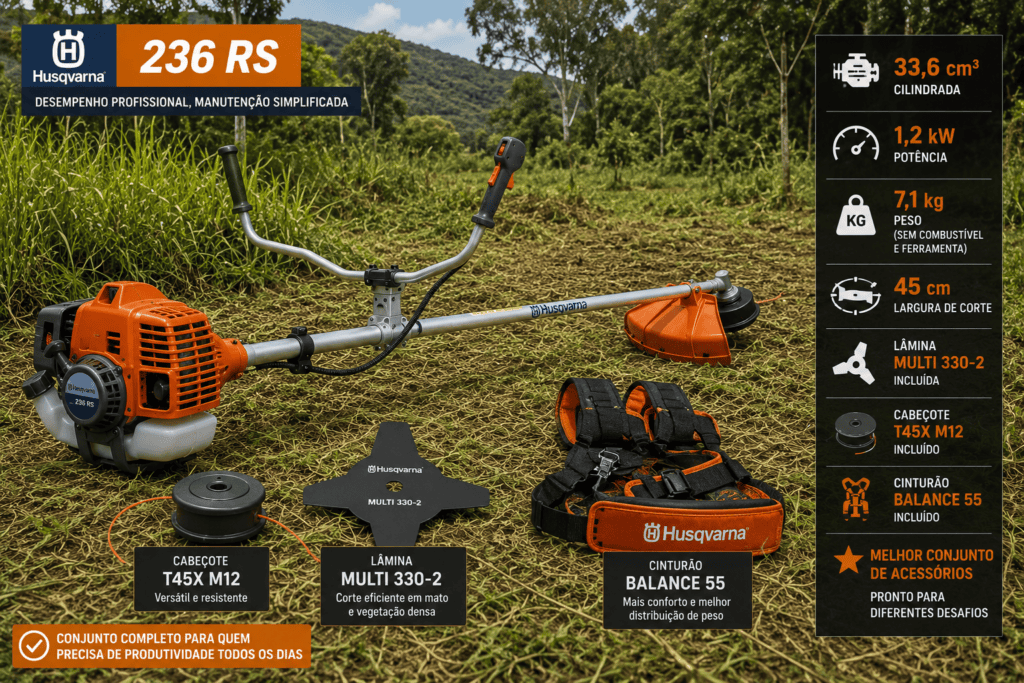 Roçadeira Husqvarna 236 RS em área rural, com motor de 33,6 cm³, potência de 1,2 kW, lâmina Multi 330-2, cabeçote T45X M12 e cinturão Balance 55.