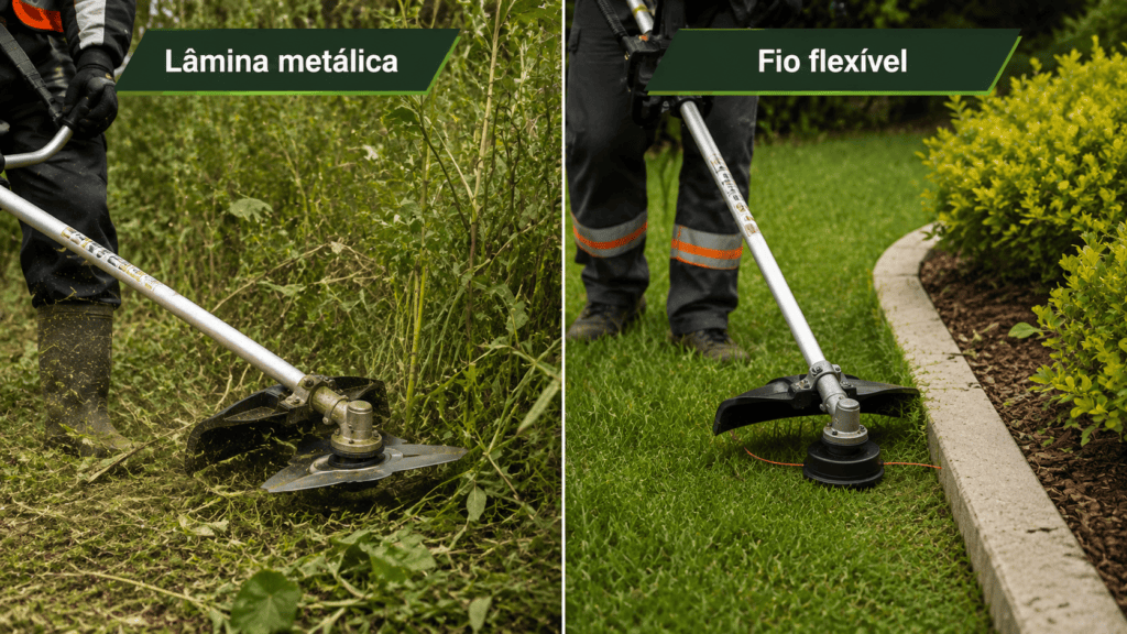 Comparação entre roçadeira com lâmina metálica cortando vegetação densa e roçadeira com fio flexível aparando a borda de um gramado.