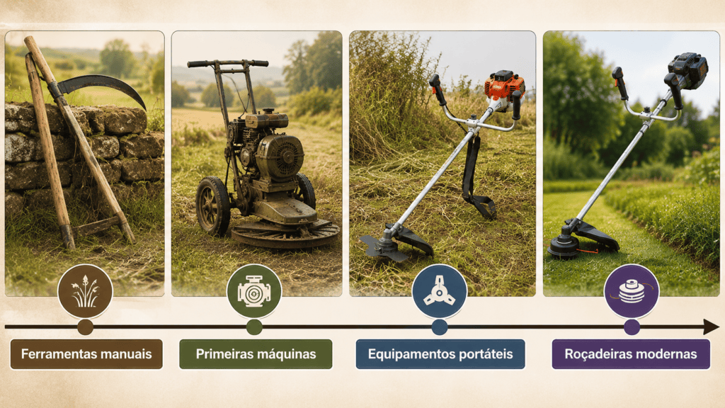 Linha do tempo com ferramentas manuais, primeiras máquinas de corte, roçadeiras portáteis e modelos modernos.