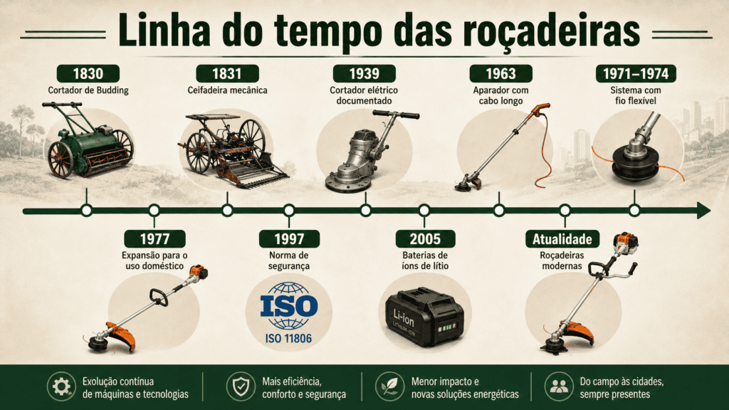 Linha do tempo com marcos da evolução das roçadeiras, desde o cortador de Budding em 1830 até os modelos modernos.