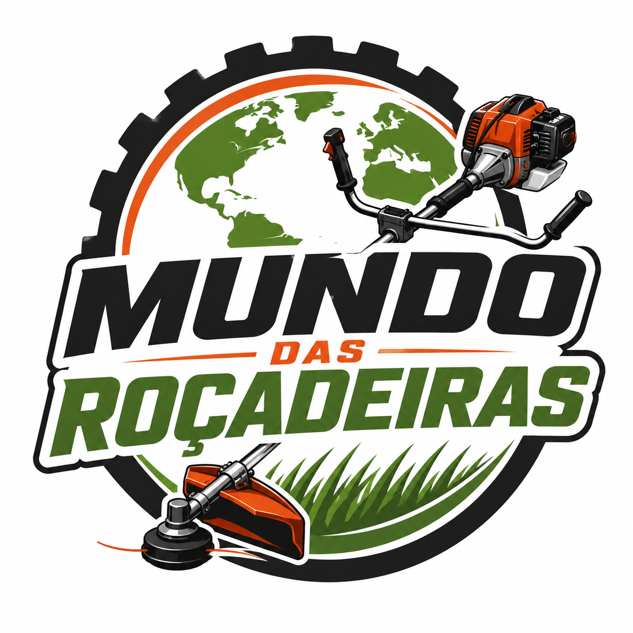 Logo da marca Mundo das Roçadeiras com ilustração de roçadeira, engrenagem e globo em tons verde, preto e laranja.