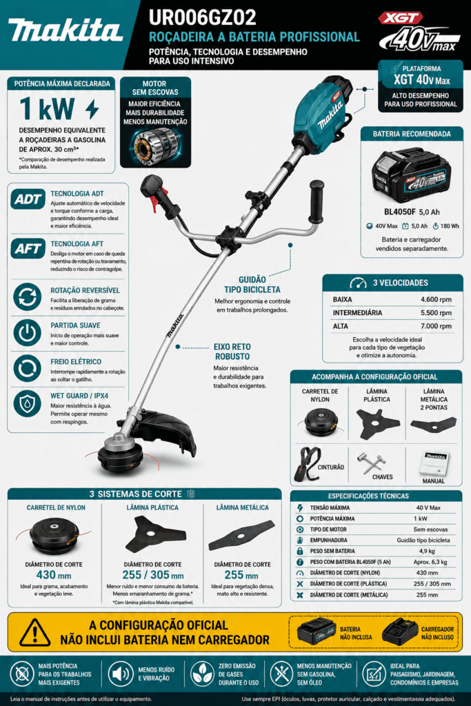 Infográfico da roçadeira a bateria Makita UR006GZ02 com motor brushless de 1 kW, bateria XGT 40 V Max, tecnologias ADT e AFT e três sistemas de corte.