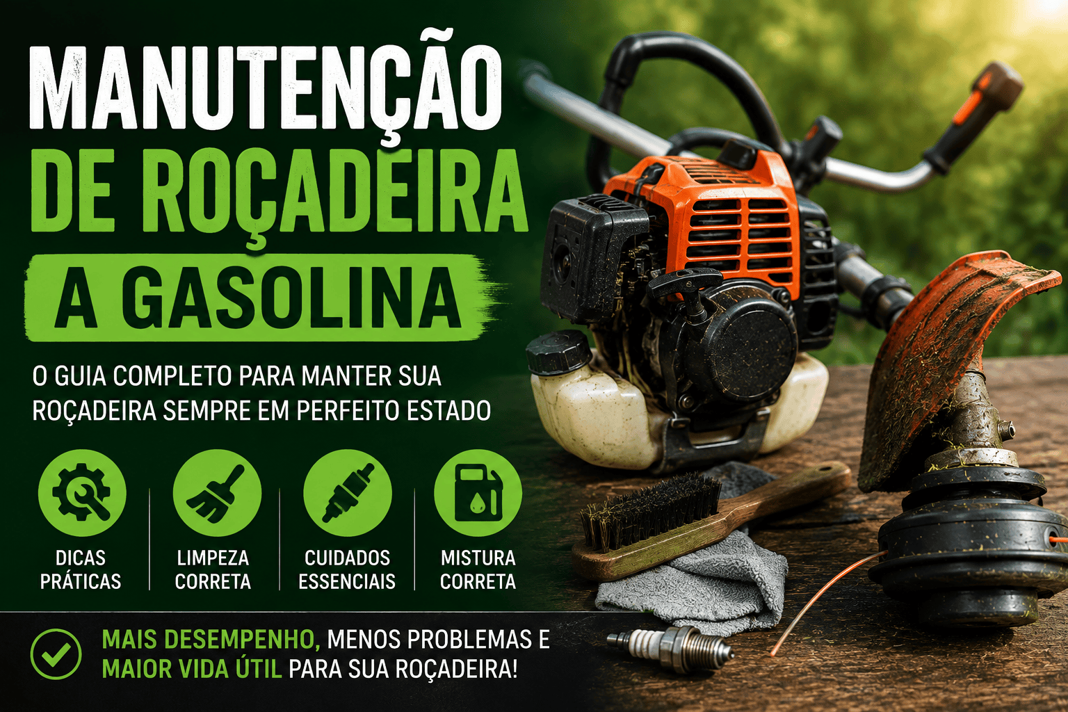 Imagem destacada de uma roçadeira a gasolina com ferramentas de manutenção, vela de ignição, escova de limpeza e cabeçote de corte, ilustrando um guia completo de manutenção preventiva para aumentar a vida útil do equipamento.
