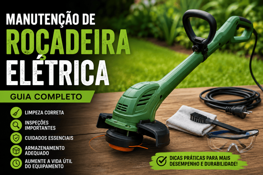 Roçadeira elétrica com acessórios de manutenção, como pano, escova e óculos de proteção, ilustrando os principais cuidados para aumentar a vida útil do equipamento.