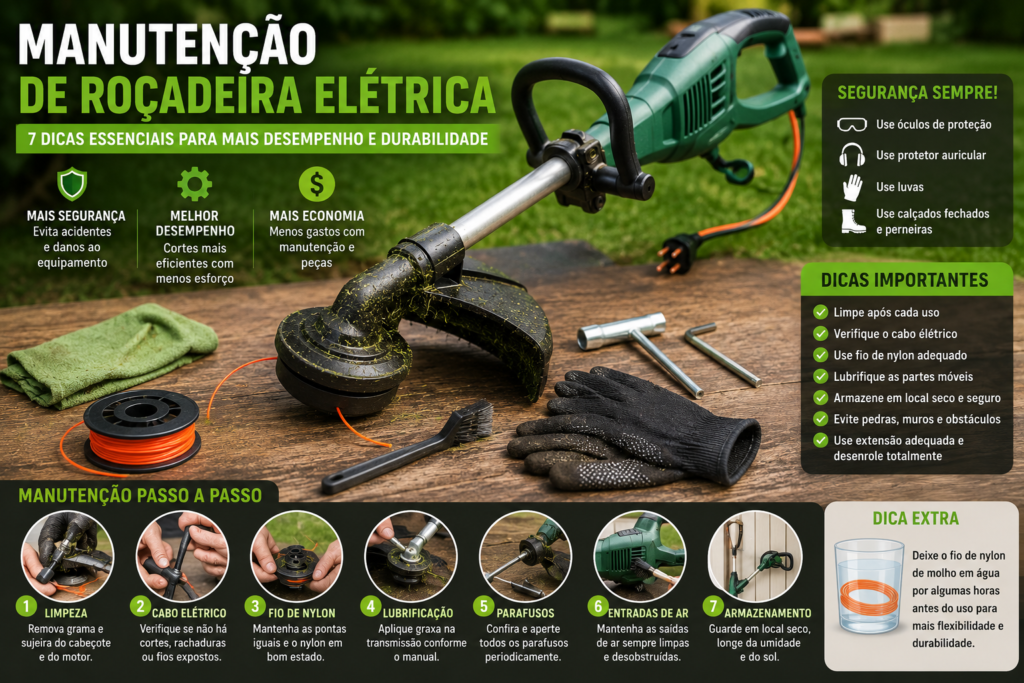 Pessoa realizando limpeza e manutenção preventiva em uma roçadeira elétrica com fio de nylon e ferramentas sobre bancada de madeira.