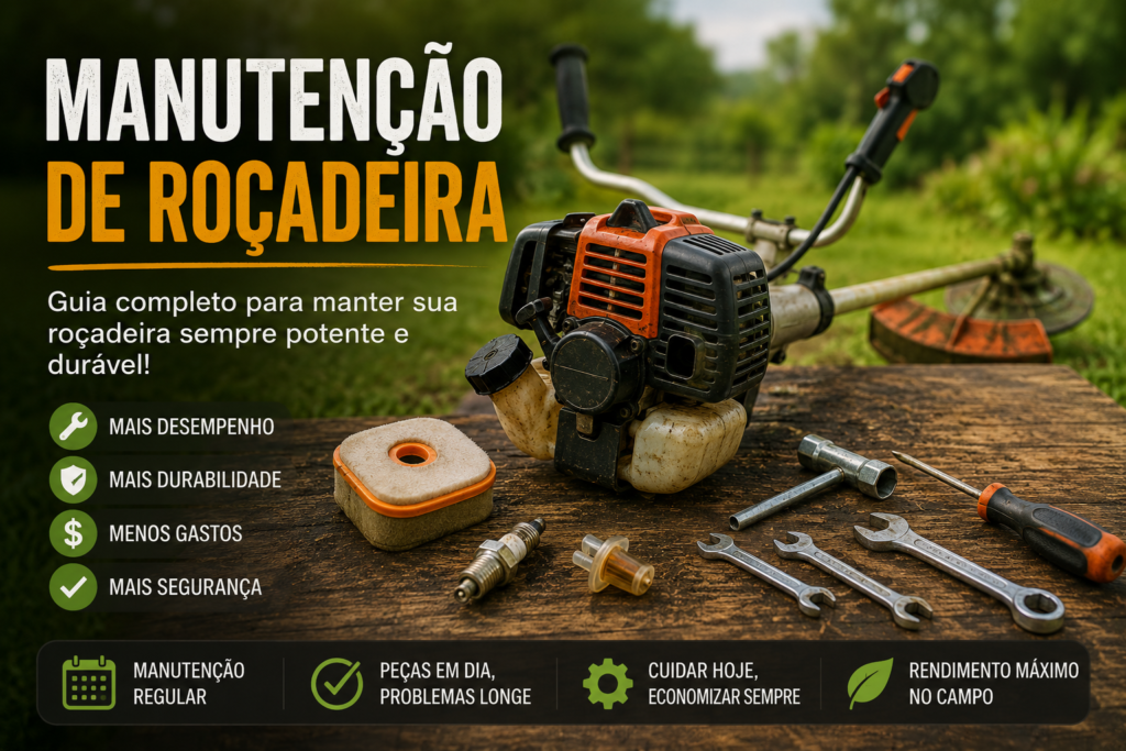 Homem realizando manutenção em roçadeira com troca de peças e revisão completa do equipamento em área externa.