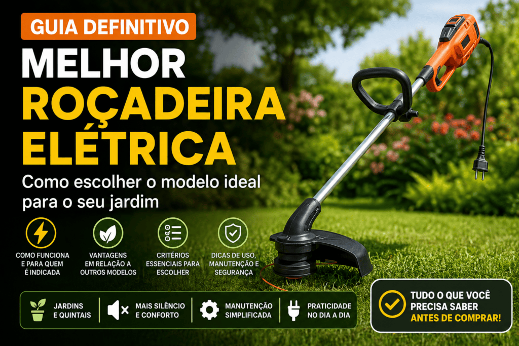 Guia definitivo mostrando uma roçadeira elétrica utilizada em jardim residencial, com destaque para critérios de escolha, potência, vantagens, segurança e dicas para escolher o modelo ideal.